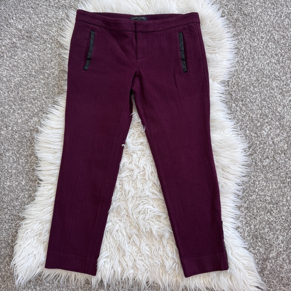 Banana Republic | Sloan Ankle Pants Herringbone Burgundy w/ Faux Leather Trim 8P